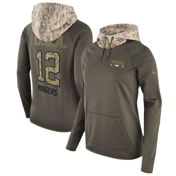  Packers 12 Aaron Rodgers Olive Women Salute To Service Pullover Hoodie