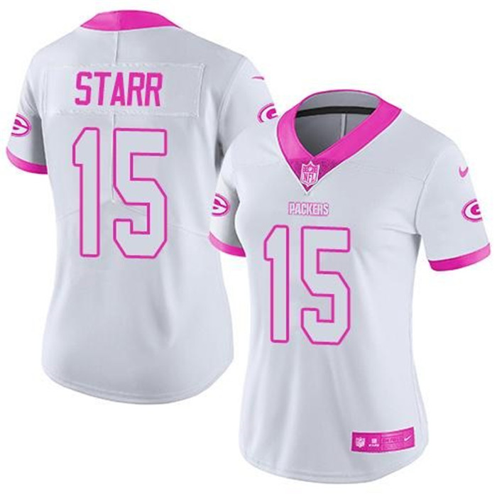  Packers 15 Bart Starr White Pink Women Rush Limited Jersey