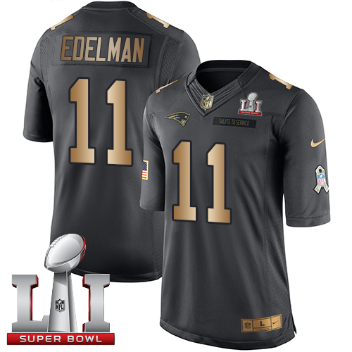  Patriots 11 Julian Edelman Black Super Bowl LI 51 Men Stitched NFL Limited Gold Salute To Service Jersey