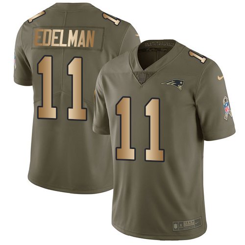  Patriots 11 Julian Edelman Olive Gold Salute To Service Limited Jersey