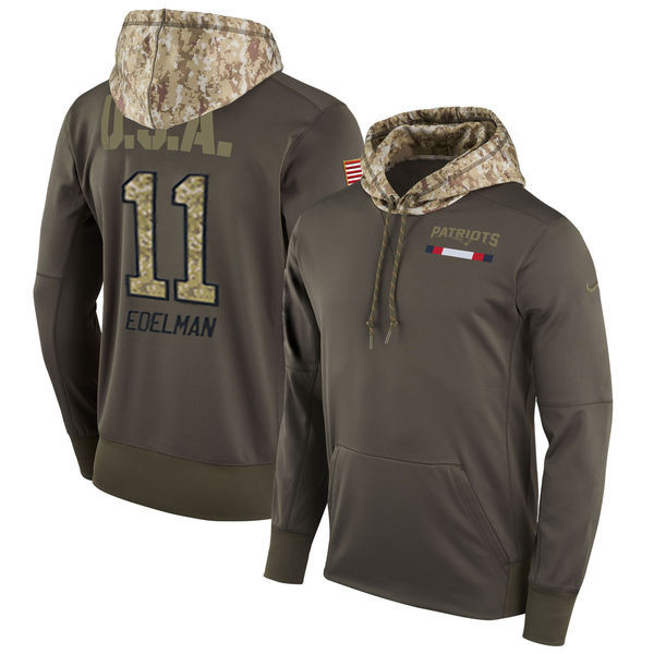  Patriots 11 Julian Edelman Olive Salute To Service Pullover Hoodie
