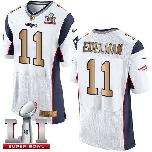  Patriots 11 Julian Edelman White Super Bowl LI 51 Men Stitched NFL New Elite Gold Jersey