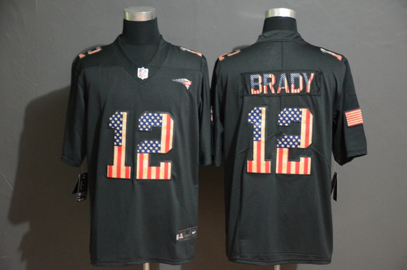Nike Patriots 12 Tom Brady 2019 Black Salute To Service USA Flag Fashion Limited Jersey