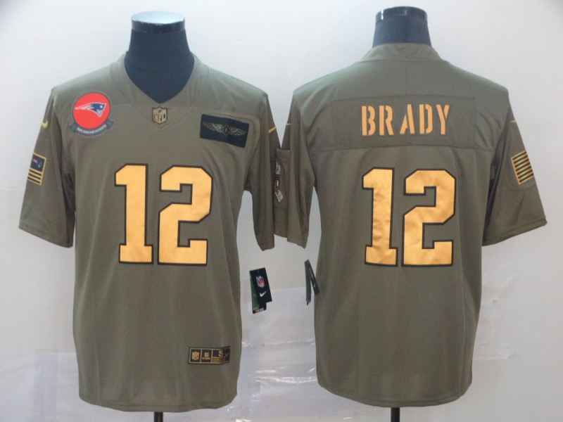 Nike Patriots 12 Tom Brady 2019 Olive Gold Salute To Service Limited Jersey
