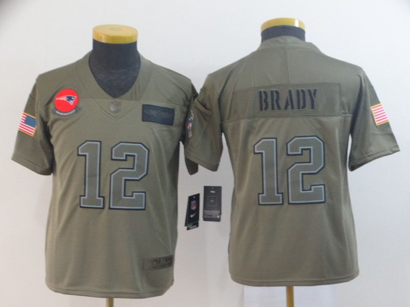 Nike Patriots 12 Tom Brady 2019 Olive Youth Salute To Service Limited Jersey