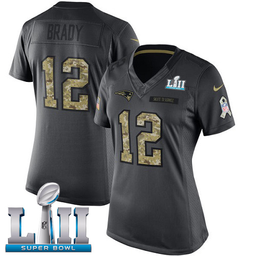  Patriots 12 Tom Brady Anthracite Women 2018 Super Bowl LII Salute to Service Limited Jersey