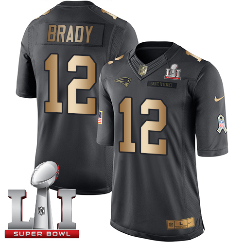  Patriots 12 Tom Brady Black Super Bowl LI 51 Men Stitched NFL Limited Gold Salute To Service Jersey