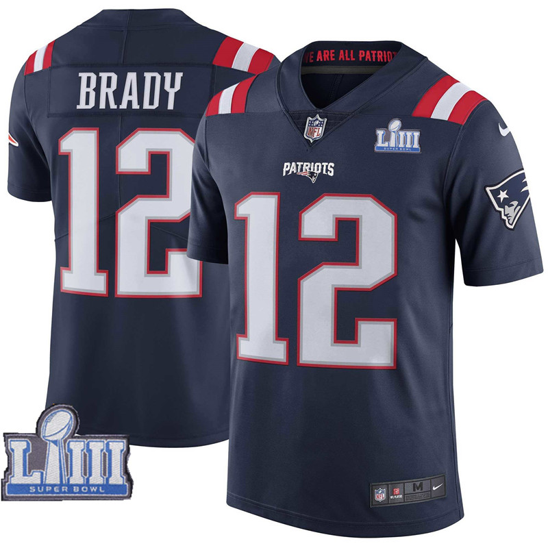  Patriots 12 Tom Brady Navy 2019 Super Bowl LIII Color Rush Limited Jersey
