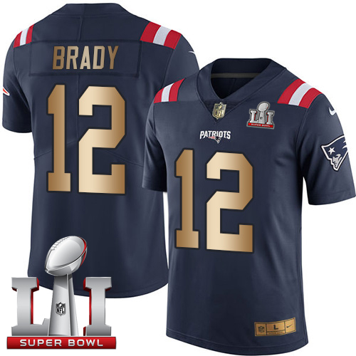  Patriots 12 Tom Brady Navy Blue Super Bowl LI 51 Men Stitched NFL Limited Gold Rush Jersey