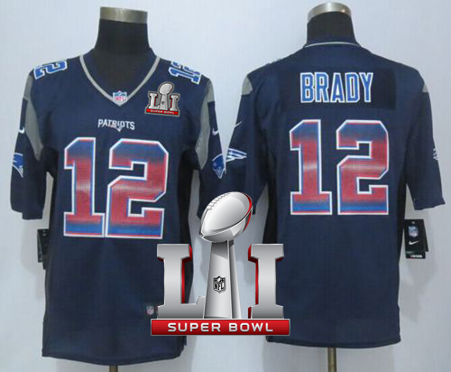  Patriots 12 Tom Brady Navy Blue Team Color Super Bowl LI 51 Men Stitched NFL Limited Strobe Jersey