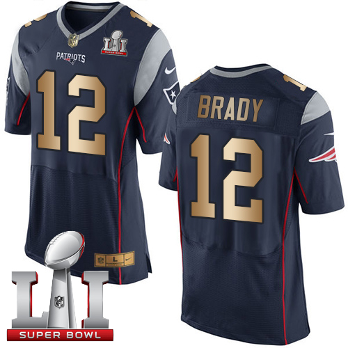  Patriots 12 Tom Brady Navy Blue Team Color Super Bowl LI 51 Men Stitched NFL New Elite Gold Jersey