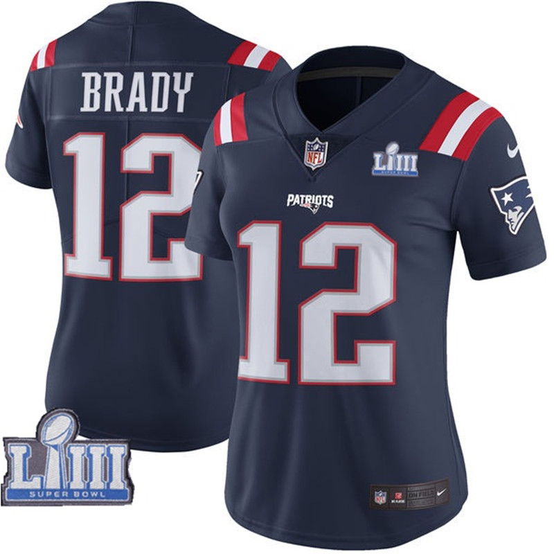  Patriots 12 Tom Brady Navy Women 2019 Super Bowl LIII Color Rush Limited Jersey