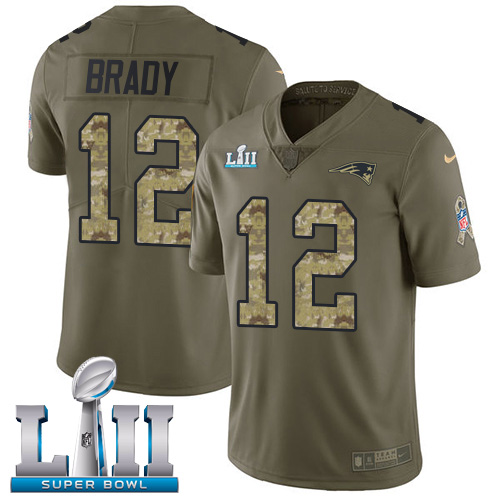  Patriots 12 Tom Brady Olive Camo 2018 Super Bowl LII Salute To Service Limited Jersey
