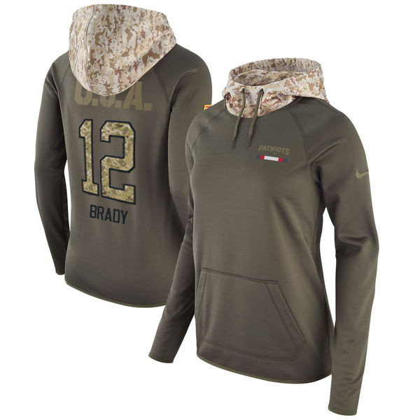  Patriots 12 Tom Brady Olive Women Salute To Service Pullover Hoodie
