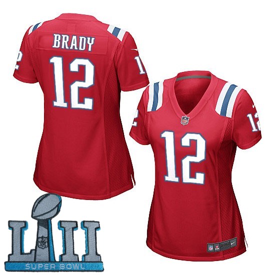  Patriots 12 Tom Brady Red Women 2018 Super Bowl LII Game Jersey