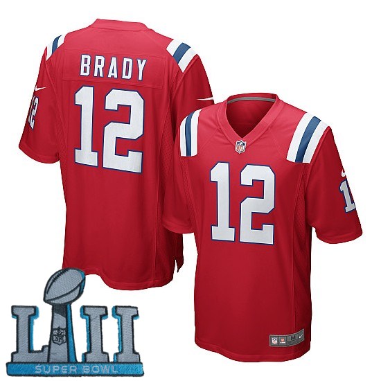  Patriots 12 Tom Brady Red Youth 2018 Super Bowl LII Game Jersey