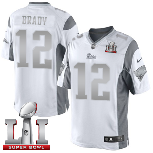  Patriots 12 Tom Brady White Super Bowl LI 51 Men Stitched NFL Limited Platinum Jersey