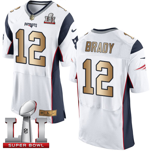  Patriots 12 Tom Brady White Super Bowl LI 51 Men Stitched NFL New Elite Gold Jersey