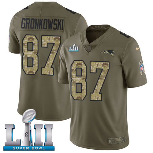 Patriots 87 Rob Gronkowski Olive Camo 2018 Super Bowl LII Salute To Service Limited Jersey