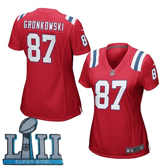  Patriots 87 Rob Gronkowski Red Women 2018 Super Bowl LII Game Jersey