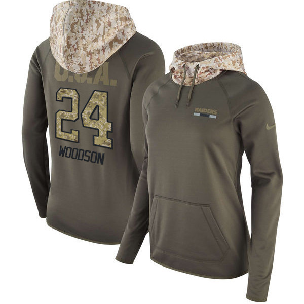  Raiders 24 Charles Woodson Olive Women Salute To Service Pullover Hoodie