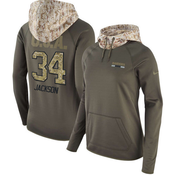  Raiders 34 Bo Jackson Olive Women Salute To Service Pullover Hoodie