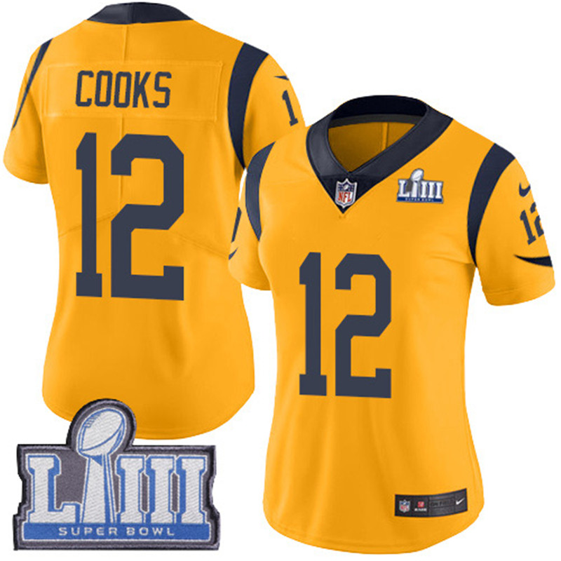  Rams 12 Brandin Cooks Gold Women 2019 Super Bowl LIII Color Rush Limited Jersey
