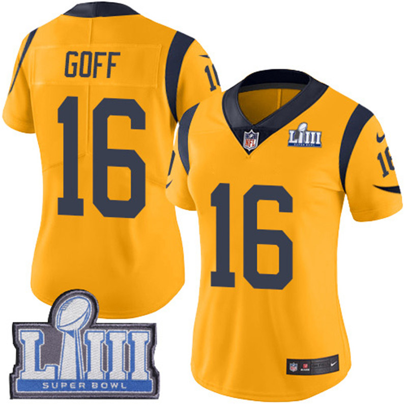  Rams 16 Jared Goff Gold Women 2019 Super Bowl LIII Color Rush Limited Jersey