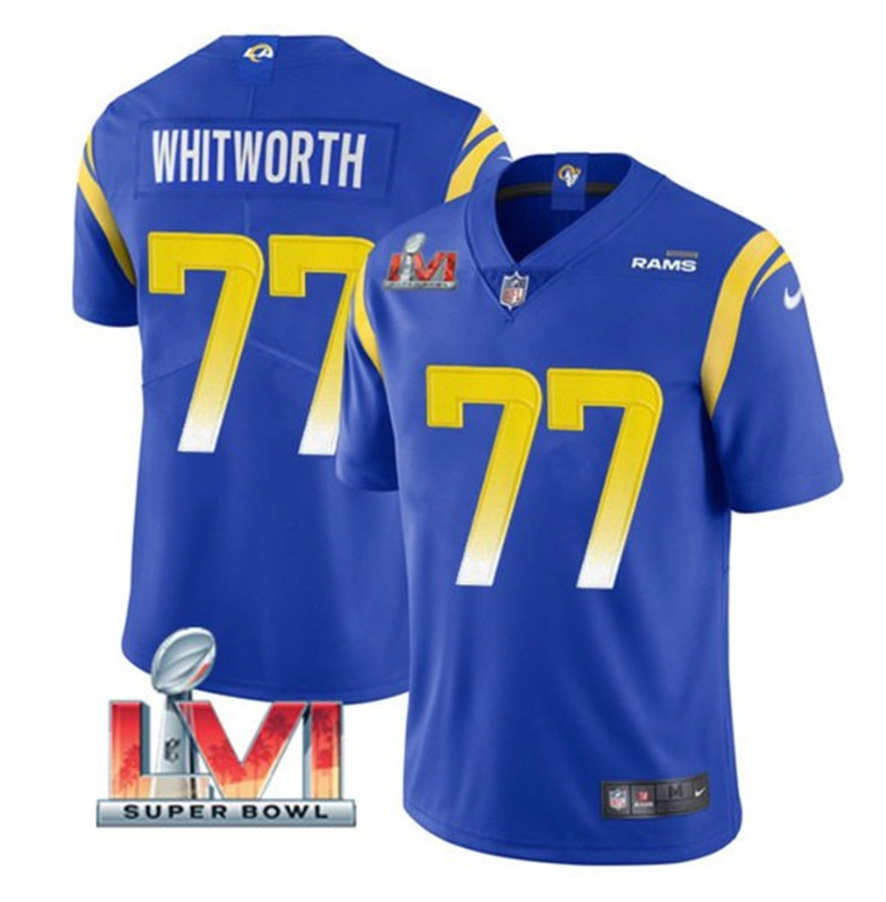 Nike Rams 77 Andrew Whitworth Royal 2022 Super Bowl LVI Vapor Limited Jersey