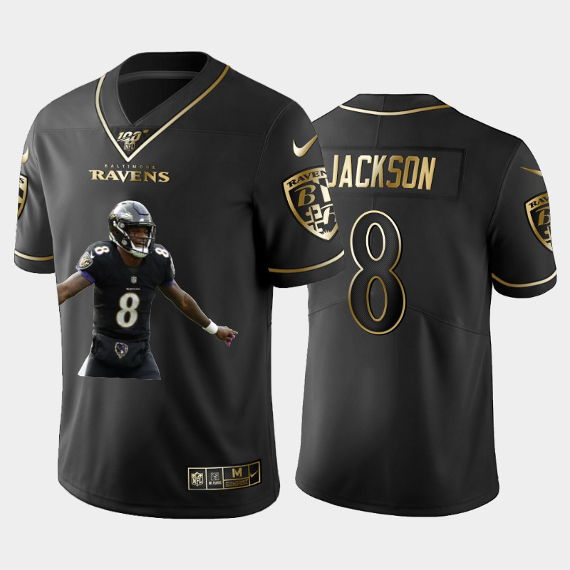 Nike Ravens 8 Lamar Jackson Black Gold Player Name Logo 100th Season Vapor Untouchable Limited Jersey