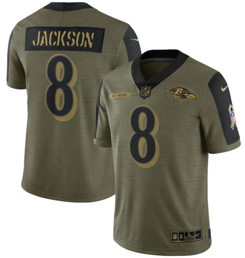 Nike Ravens 8 Lamar Jackson Olive 2021 Salute To Service Limited Jersey