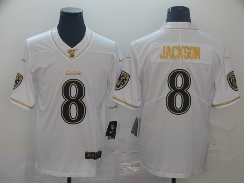 Nike Ravens 8 Lamar Jackson White Gold Vapor Untouchable Limited Jersey