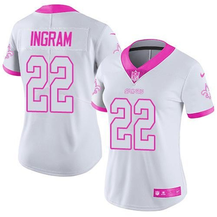  Saints 22 Mark Ingram White Pink Fashion Women Rush Limited Jersey