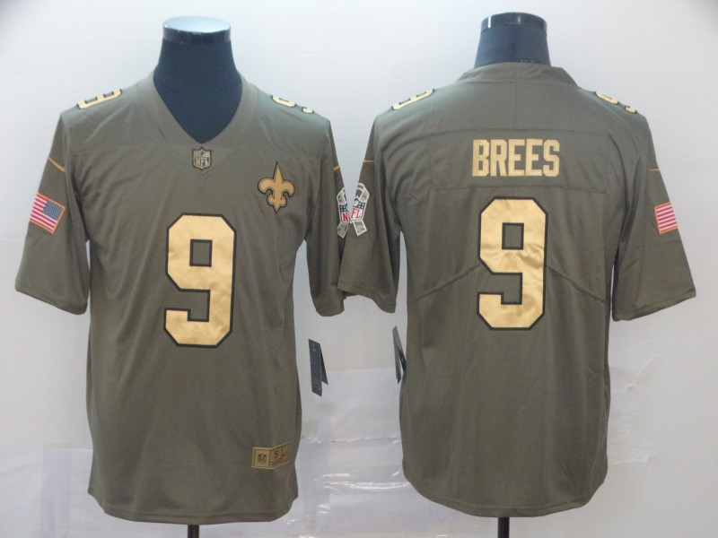 Nike Saints 9 Drew Brees Olive Gold Salute To Service Limited Jersey