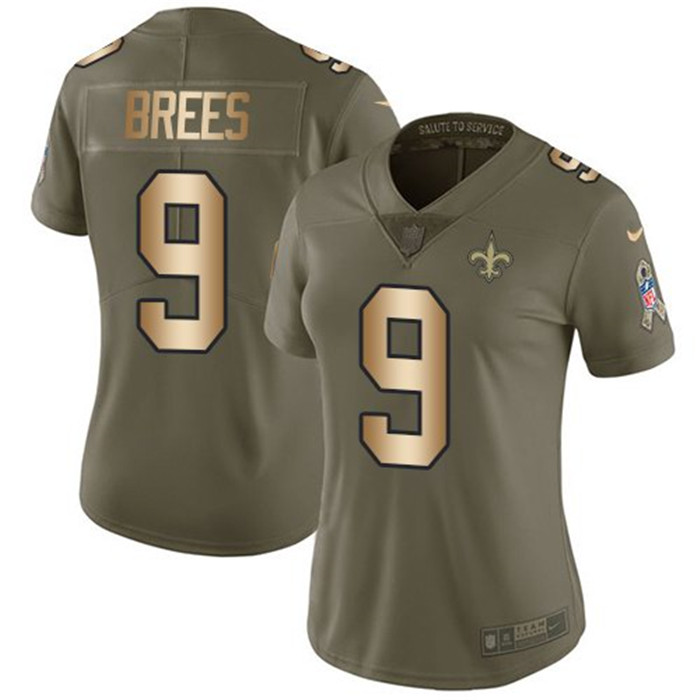  Saints 9 Drew Brees Olive Gold Women Salute To Service Limited Jersey