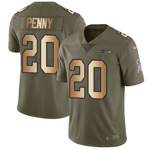  Seahawks 20 Rashaad Penny Olive Gold Salute To Service Limited Jersey