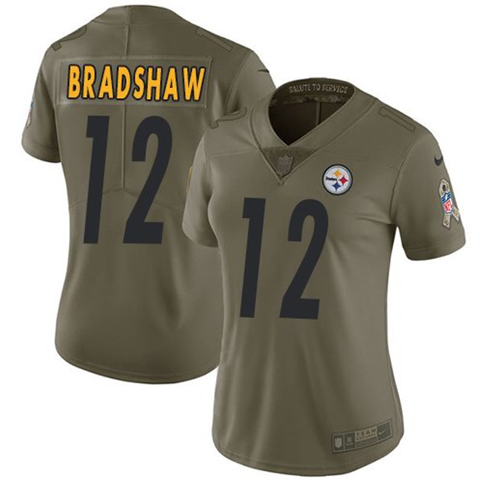  Steelers 12 Terry Bradshaw Olive Women Salute To Service Limited Jersey