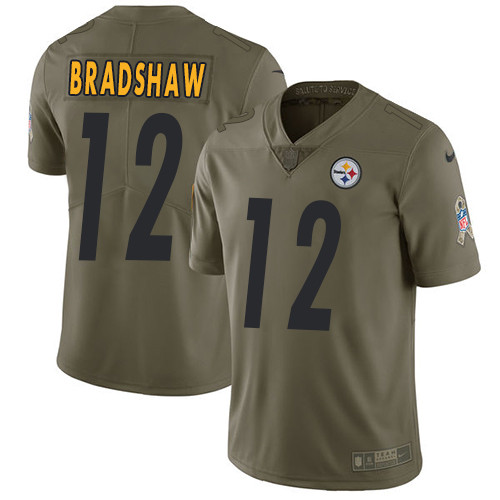  Steelers 12 Terry Bradshawi Olive Salute To Service Limited Jersey