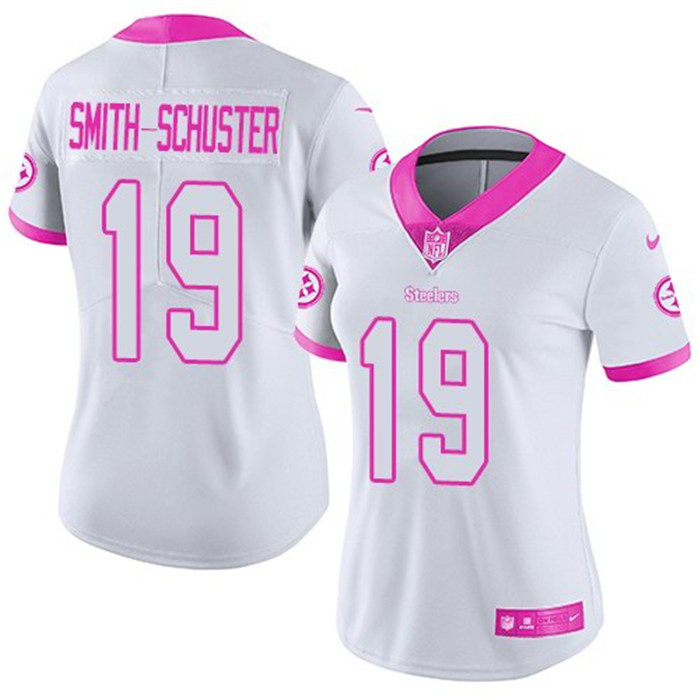  Steelers 19 JuJu Smith Schuster White Pink Women Rush Limited Jersey