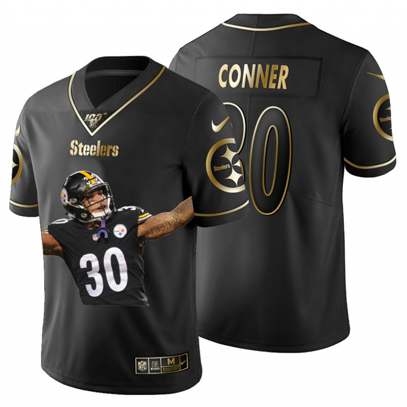 Nike Steelers 30 James Conner Black Gold Player Name Logo 100th Season Limited Jersey