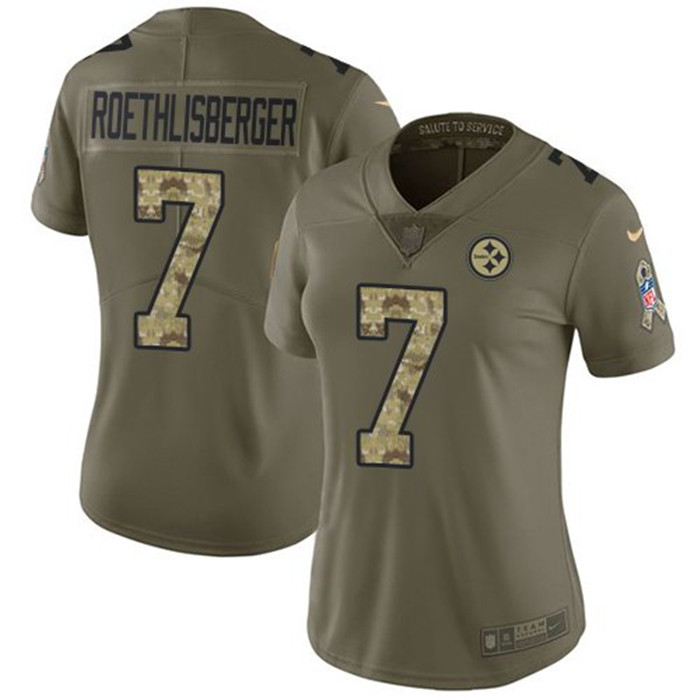 Steelers 7 Ben Roethlisberger Olive Camo Women Salute To Service Limited Jersey