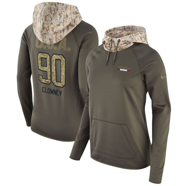  Texans 90 Jadeveon Clowney Olive Women Salute To Service Pullover Hoodie