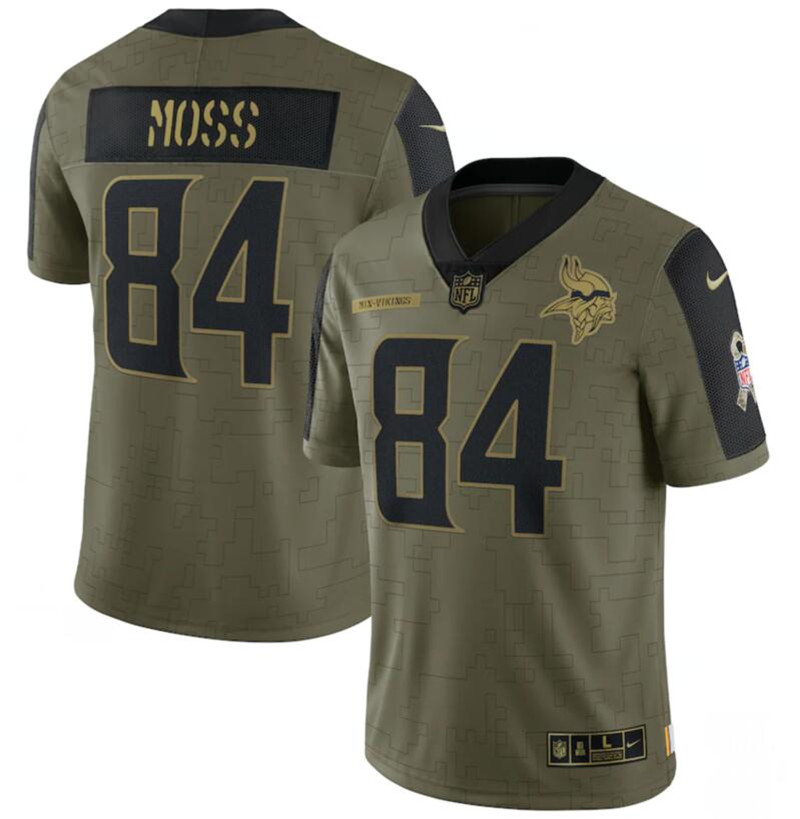 Nike Vikings 84 Randy Moss Olive 2021 Salute To Service Limited Jersey