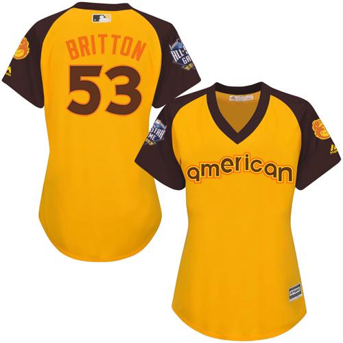 Orioles 53 Zach Britton Gold 2016 All Star American League Women Stitched MLB Jersey