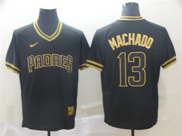Padres 13 Manny Machado Black Gold Nike Cooperstown Collection Legend V Neck Jersey