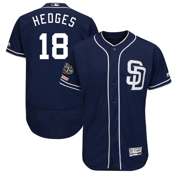 Padres 18 Austin Hedges Navy 50th Anniversary and 150th Patch FlexBase Jersey