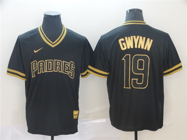 Padres 19 Tony Gwynn Black Gold Nike Cooperstown Collection Legend V Neck Jersey