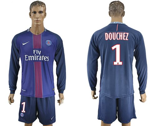 Paris Saint Germain 1 Douchez Home Long Sleeves Soccer Club Jersey