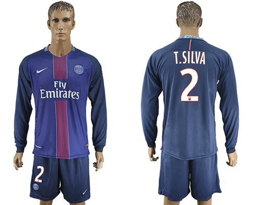 Paris Saint Germain 2 T Silva Home Long Sleeves Soccer Club Jersey