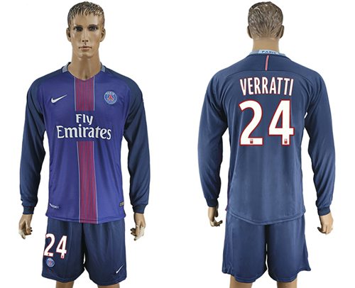 Paris Saint Germain 24 Verratti Home Long Sleeves Soccer Club Jersey